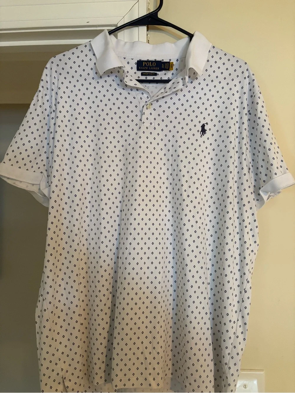 Ralph Lauren White Polo with Navy Micro-Diamond Print